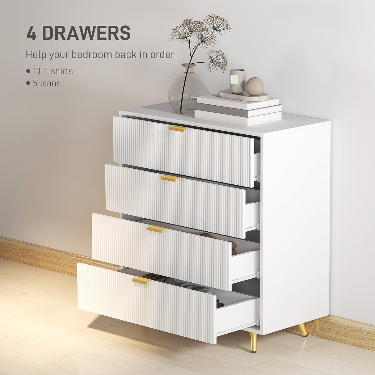 Wooden Chest Of 4 Drawers 80cm Wide With Gold Handles - Velmora