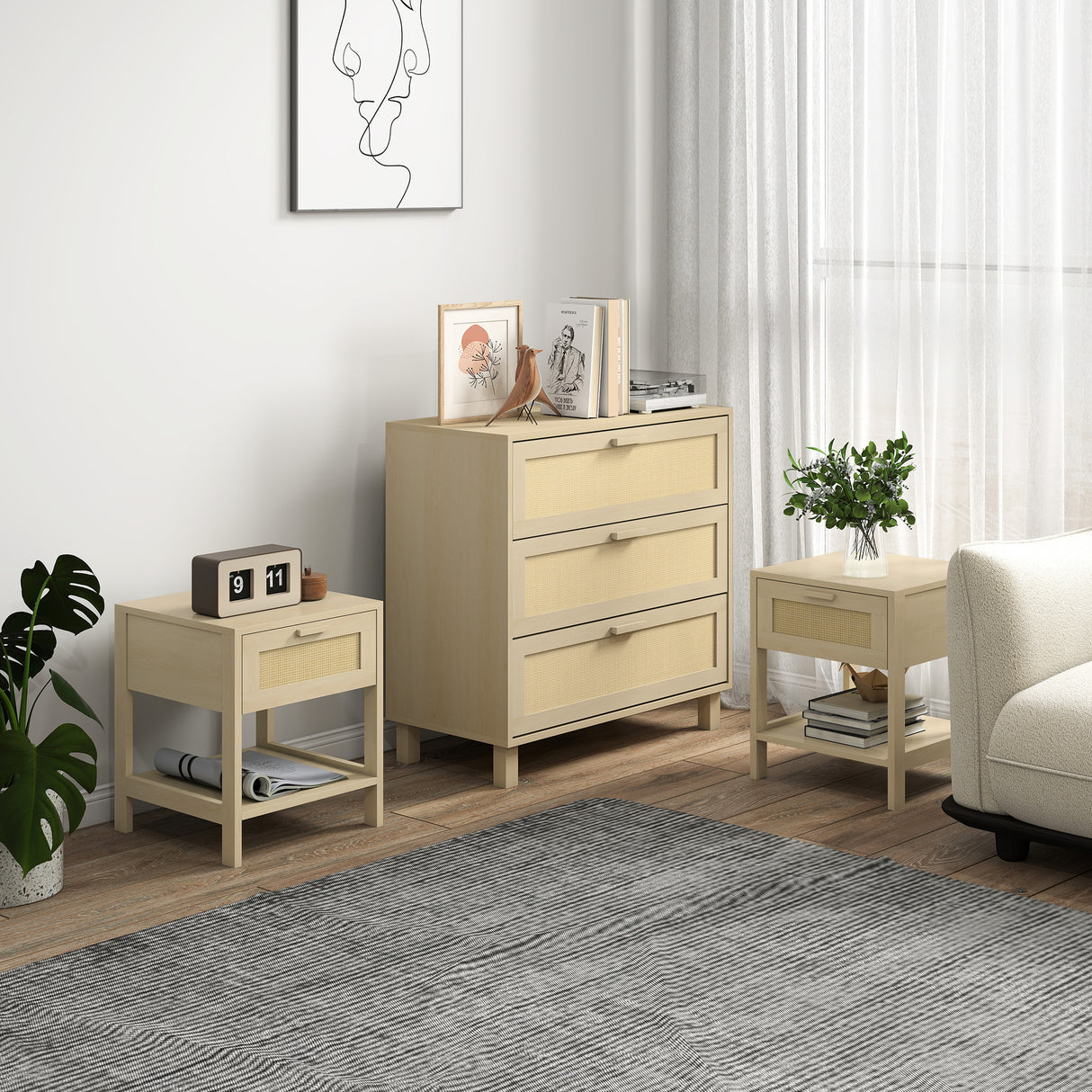 Wooden Chest Of 4 Drawers 80cm Wide With Two Bedside Cabinet 40cm Wide - Velmora