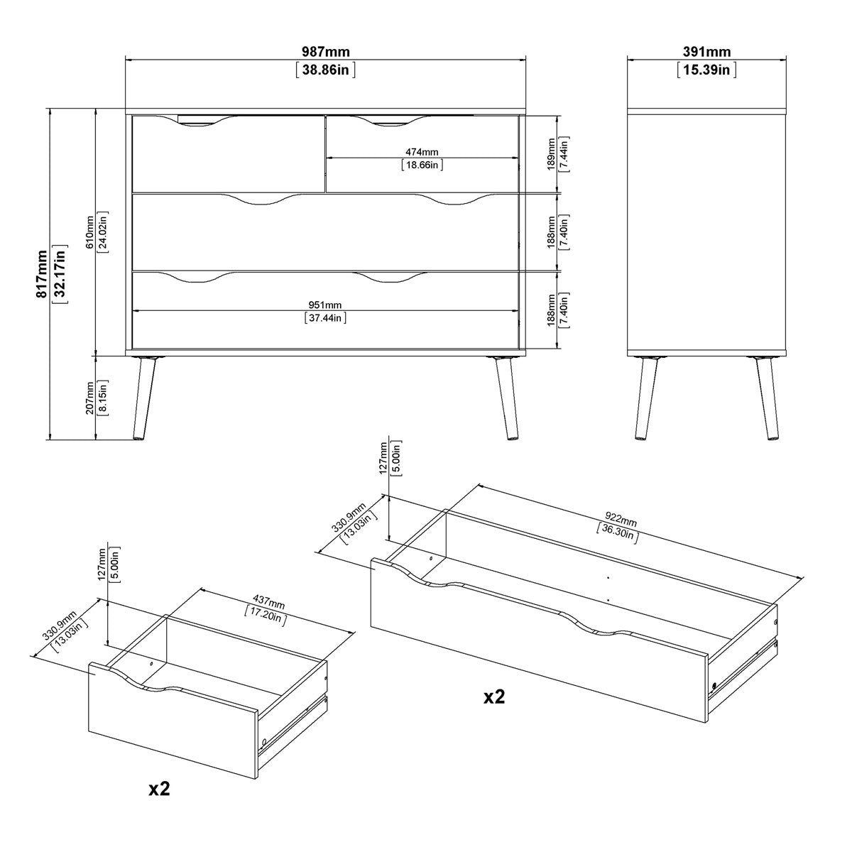 Wooden Chest Of 4 Drawers - Oslo