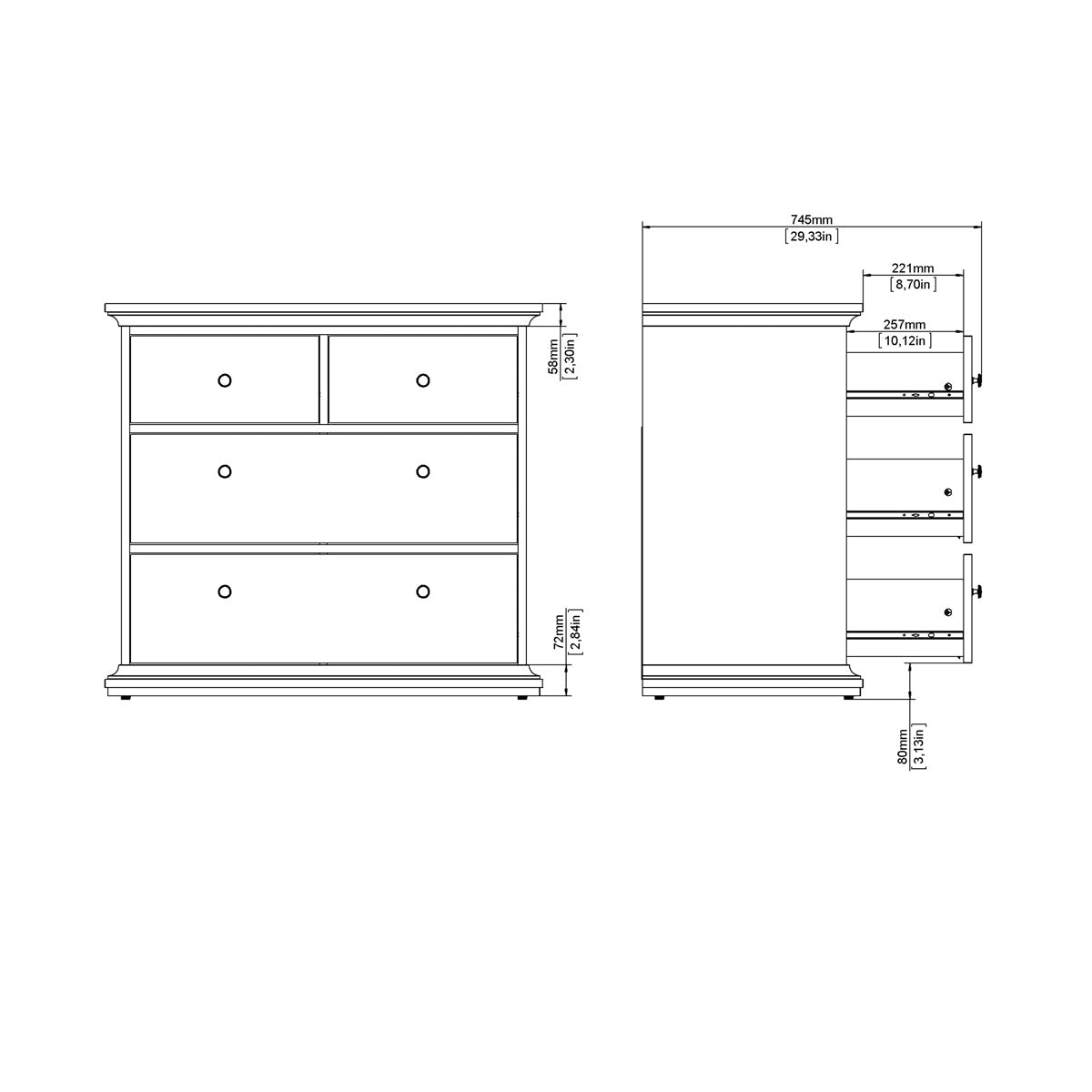 Wooden Chest Of 4 Drawers Wide - Paris