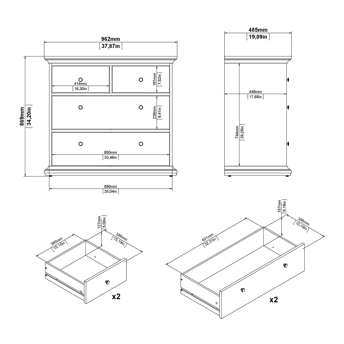 Wooden Chest Of 4 Drawers Wide - Paris