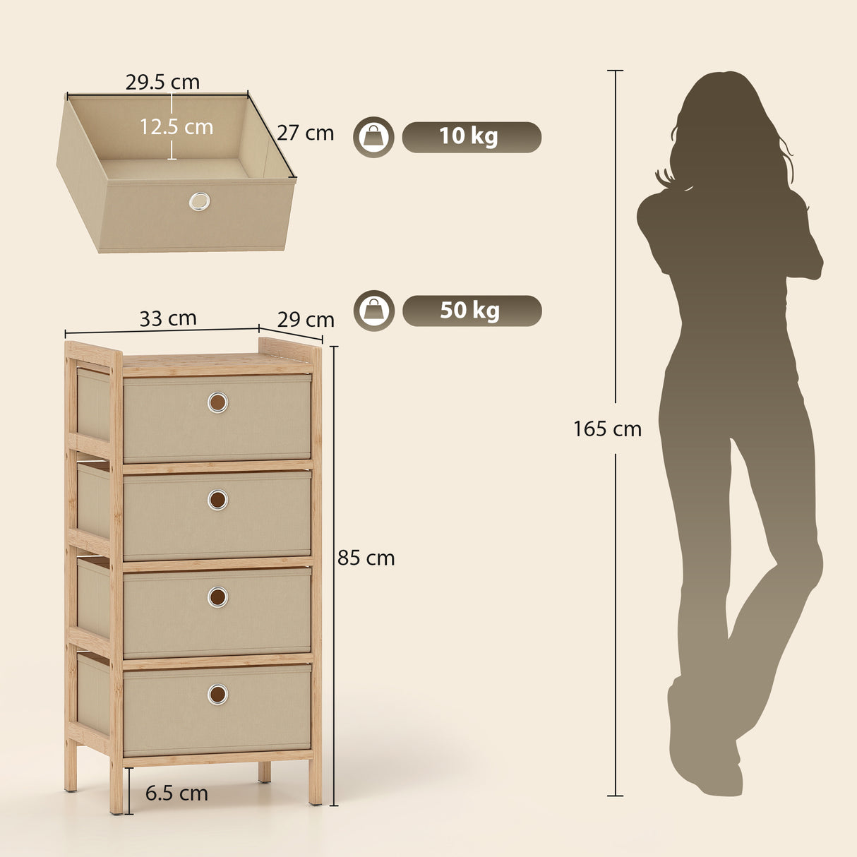 Wooden Chest Of 4 Fabric Drawers 33cm Wide - Velmora