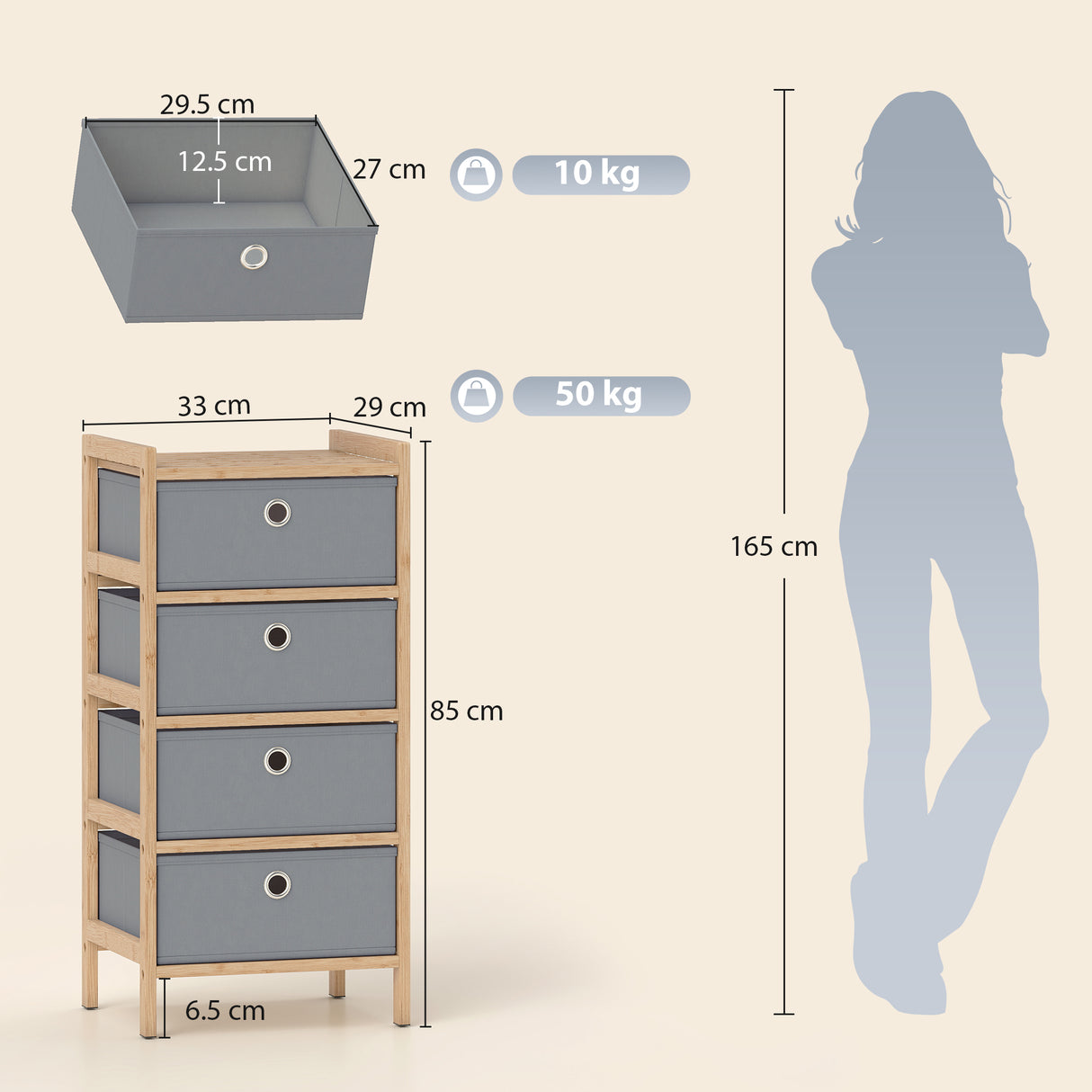 Wooden Chest Of 4 Fabric Drawers 33cm Wide - Velmora