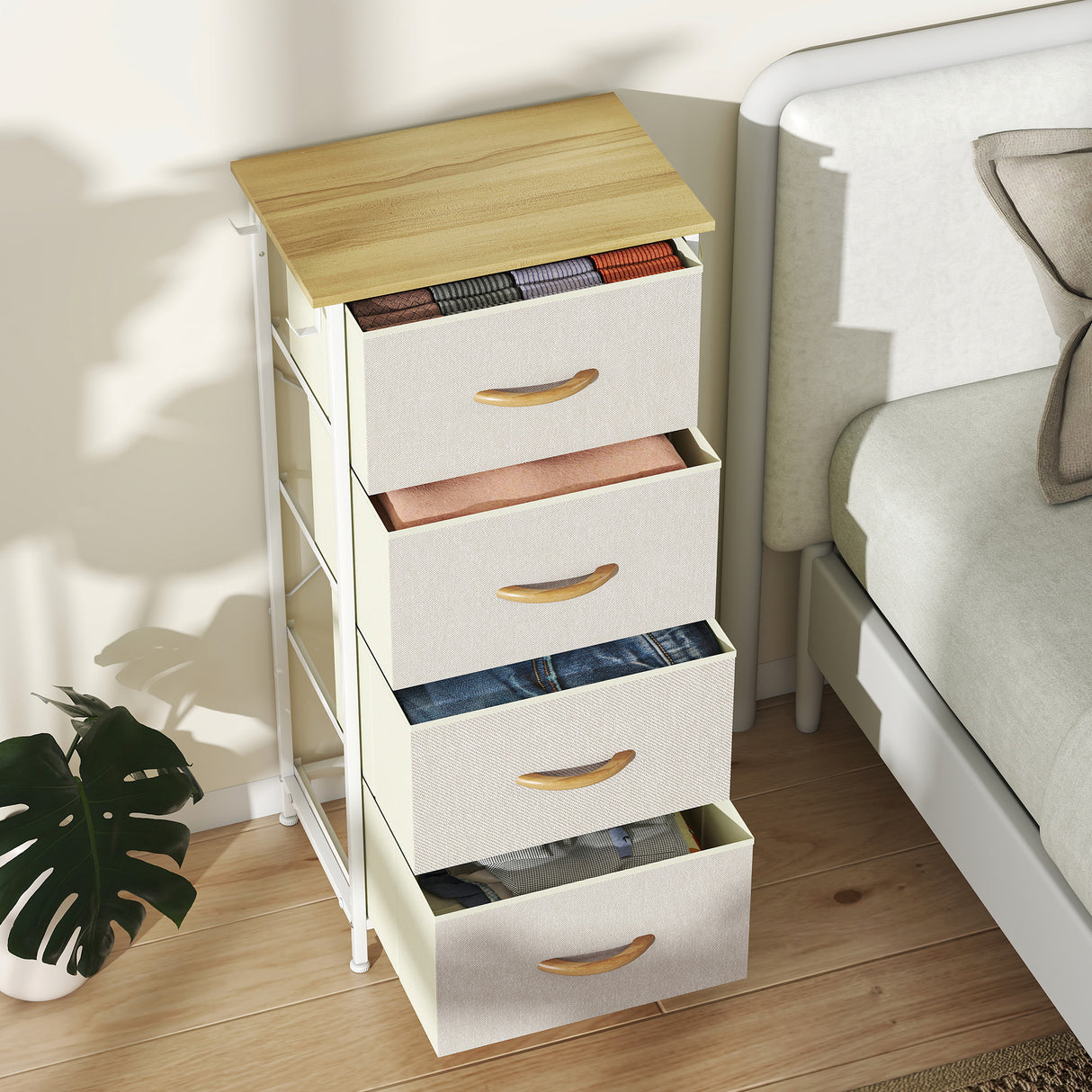 Wooden Chest Of 4 Fabric Drawers 45cm Wide With Steel Frame - Velmora