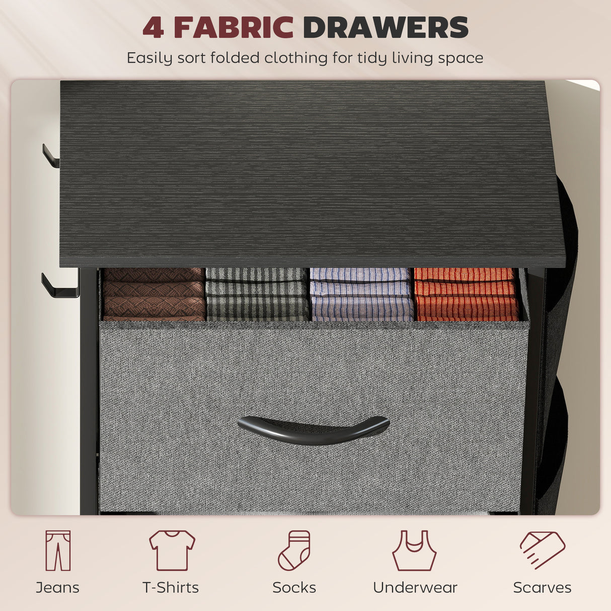 Wooden Chest Of 4 Fabric Drawers 45cm Wide With Steel Frame - Velmora