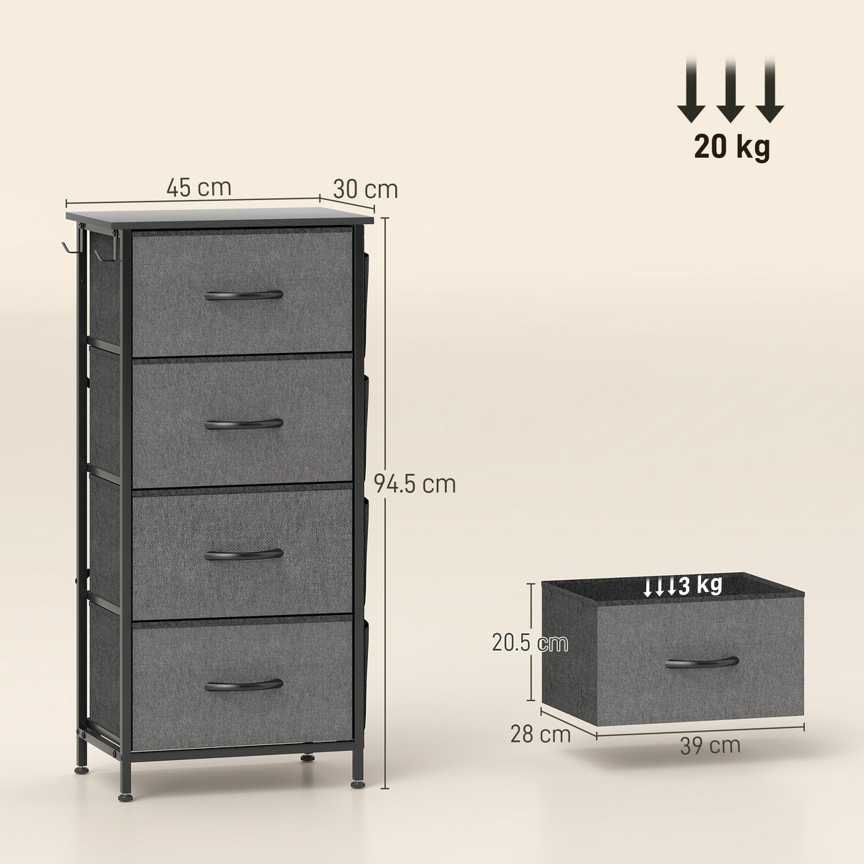 Wooden Chest Of 4 Fabric Drawers 45cm Wide With Steel Frame - Velmora
