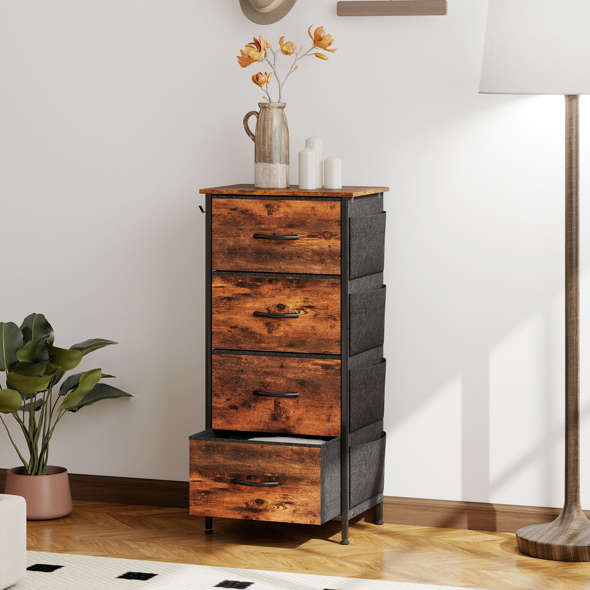 Wooden Chest Of 4 Fabric Drawers 45cm Wide With Steel Frame - Velmora