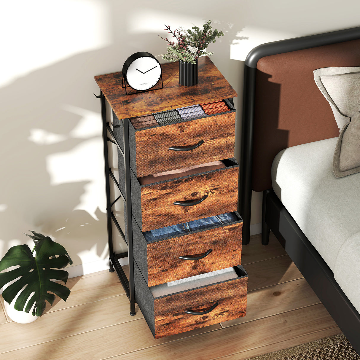 Wooden Chest Of 4 Fabric Drawers 45cm Wide With Steel Frame - Velmora