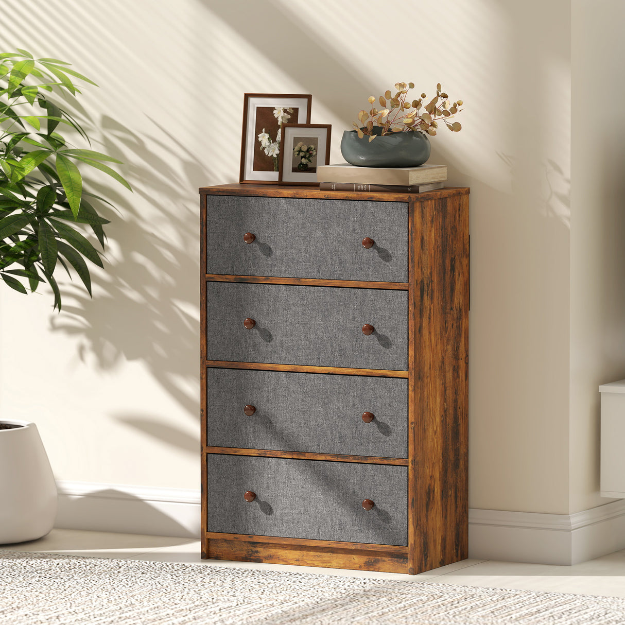 Wooden Chest Of 4 Fabric Drawers 58cm Wide - Velmora