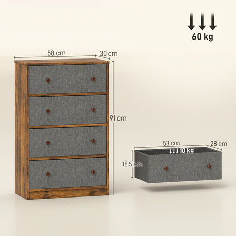 Wooden Chest Of 4 Fabric Drawers 58cm Wide - Velmora