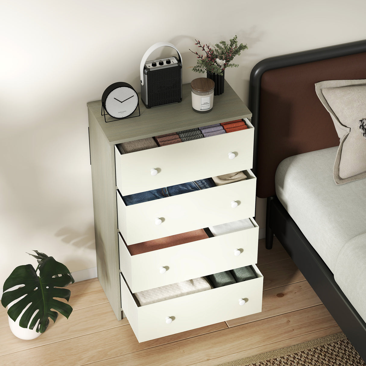 Wooden Chest Of 4 Fabric Drawers 58cm Wide - Velmora