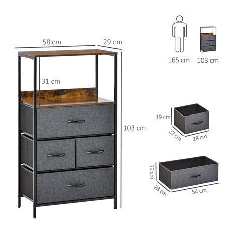 Wooden Chest Of 4 Fabric Drawers 58cm Wide With Metal Frame - Velmora