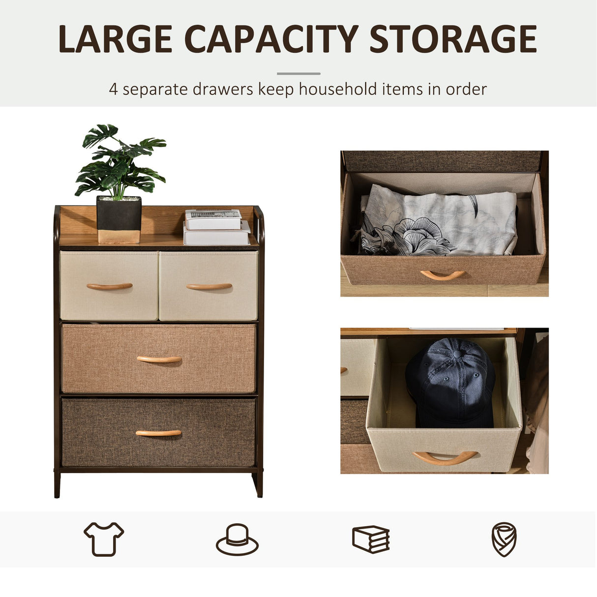 Wooden Chest Of 4 Fabric Drawers 58cm Wide With Steel Frame - Velmora