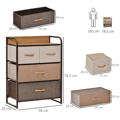 Wooden Chest Of 4 Fabric Drawers 58cm Wide With Steel Frame - Velmora