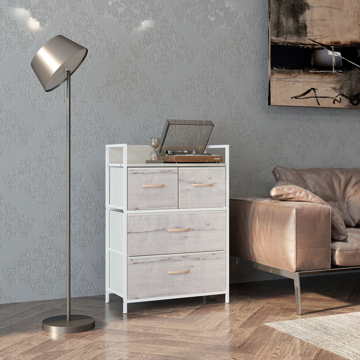 Wooden Chest Of 4 Fabric Drawers 60cm Wide With Steel Frame - Velmora