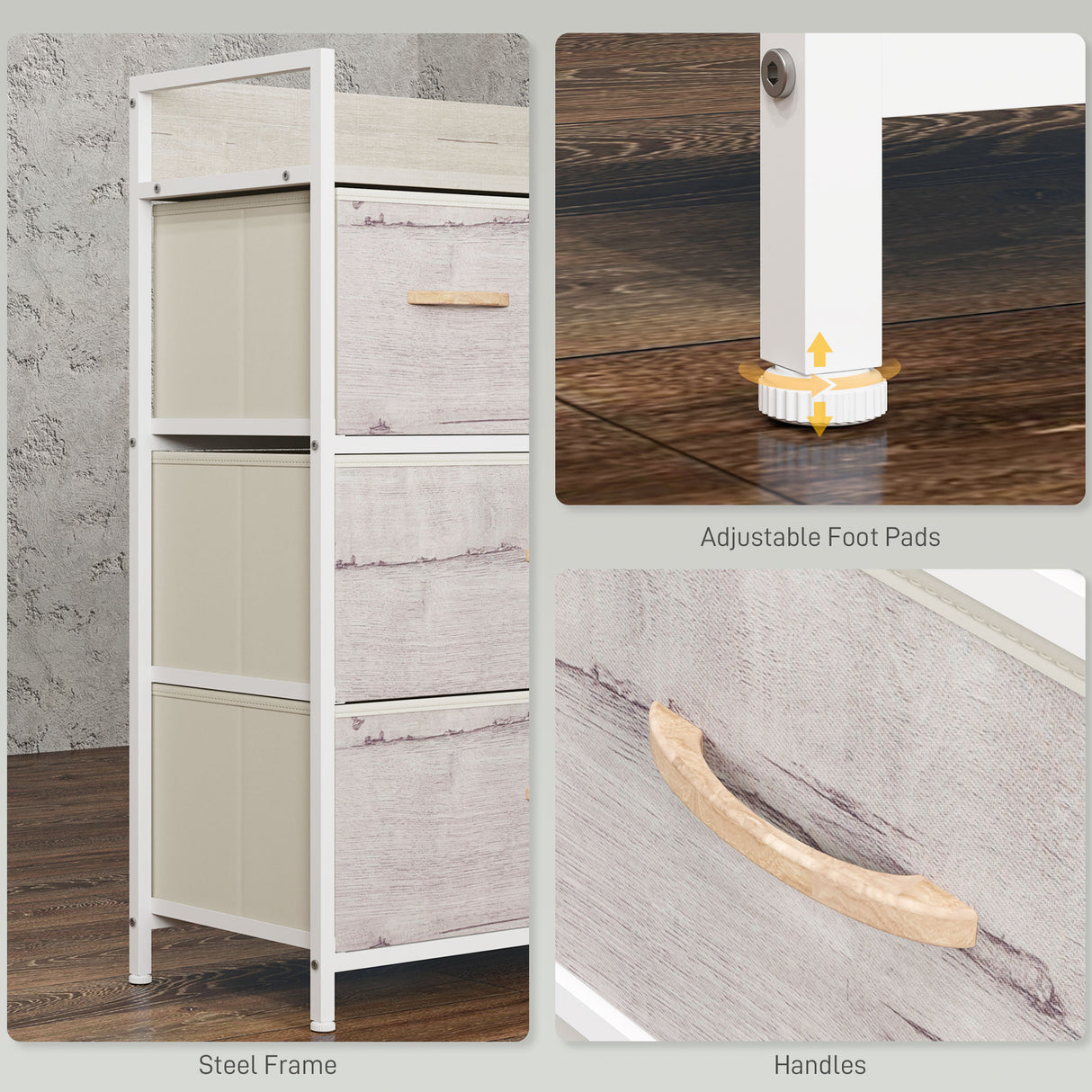 Wooden Chest Of 4 Fabric Drawers 60cm Wide With Steel Frame - Velmora