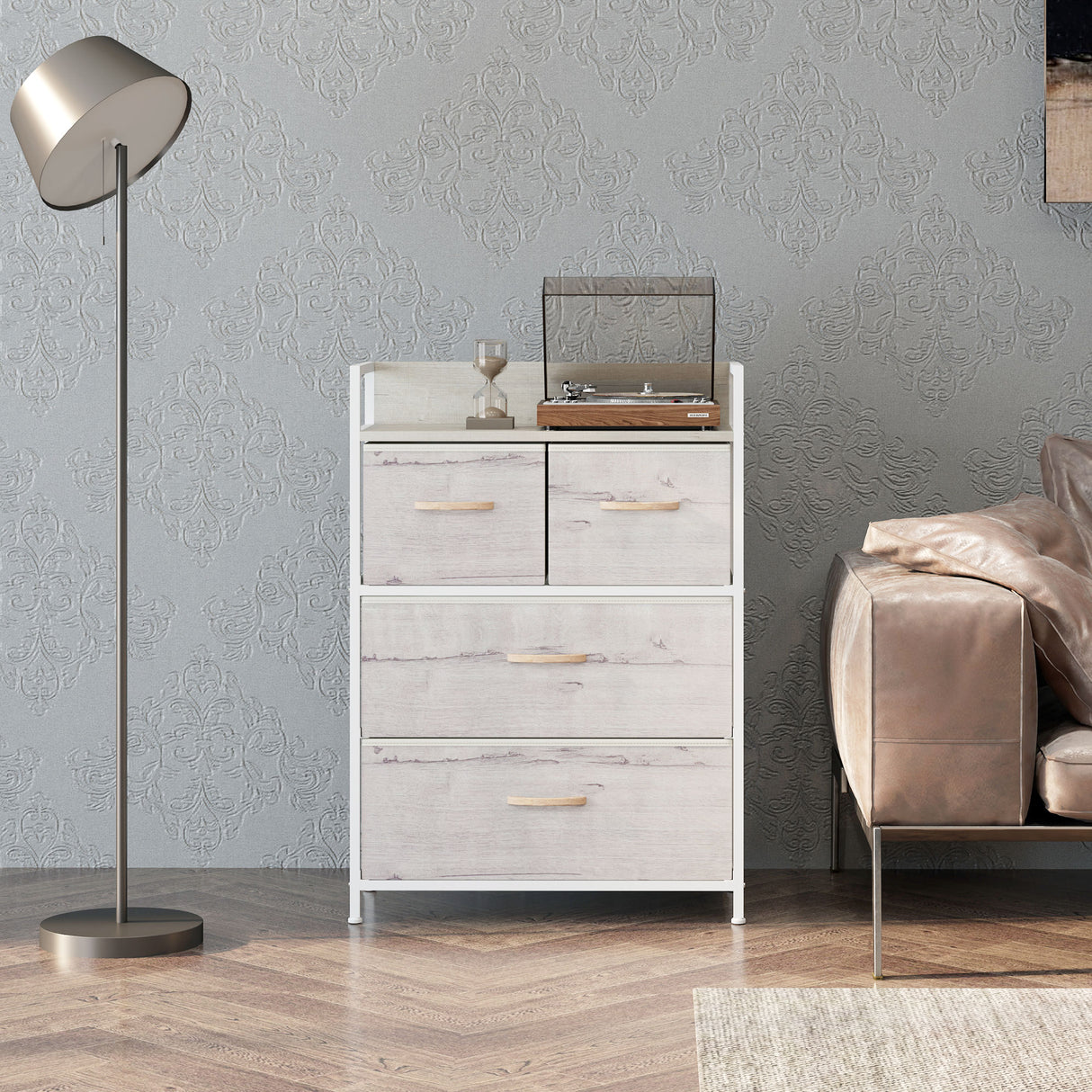 Wooden Chest Of 4 Fabric Drawers 60cm Wide With Steel Frame - Velmora