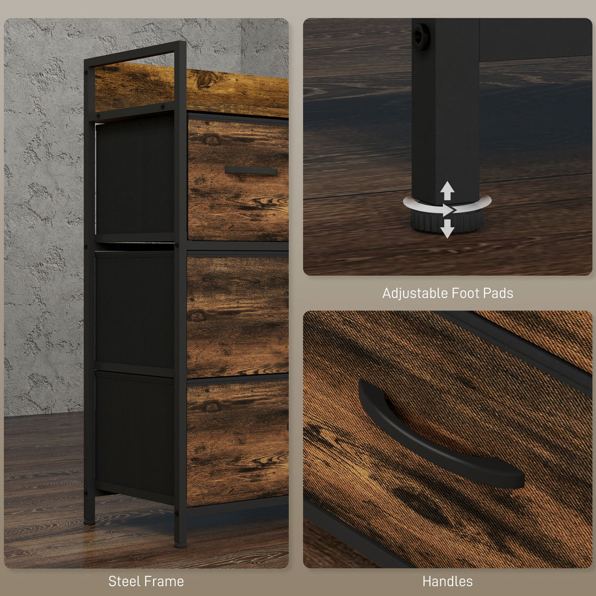 Wooden Chest Of 4 Fabric Drawers 60cm Wide With Steel Frame - Velmora