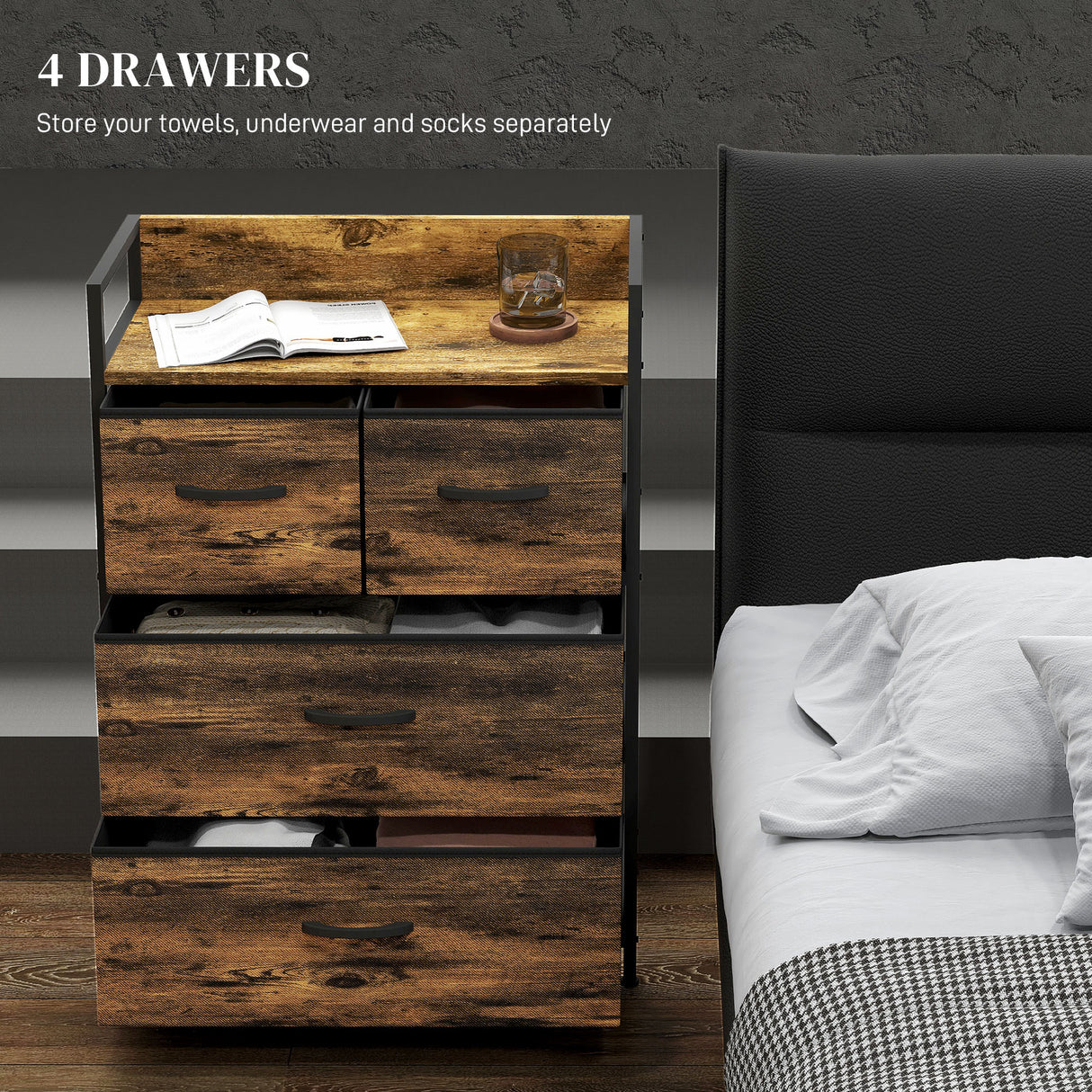Wooden Chest Of 4 Fabric Drawers 60cm Wide With Steel Frame - Velmora