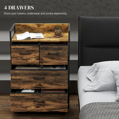 Wooden Chest Of 4 Fabric Drawers 60cm Wide With Steel Frame - Velmora