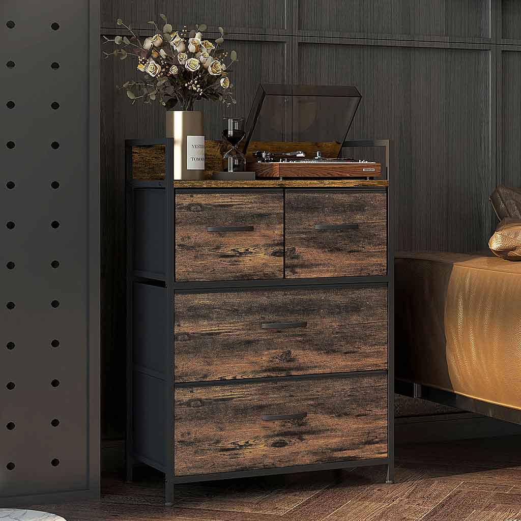Wooden Chest Of 4 Fabric Drawers 60cm Wide With Steel Frame - Velmora