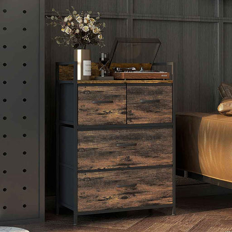 Wooden Chest Of 4 Fabric Drawers 60cm Wide With Steel Frame - Velmora