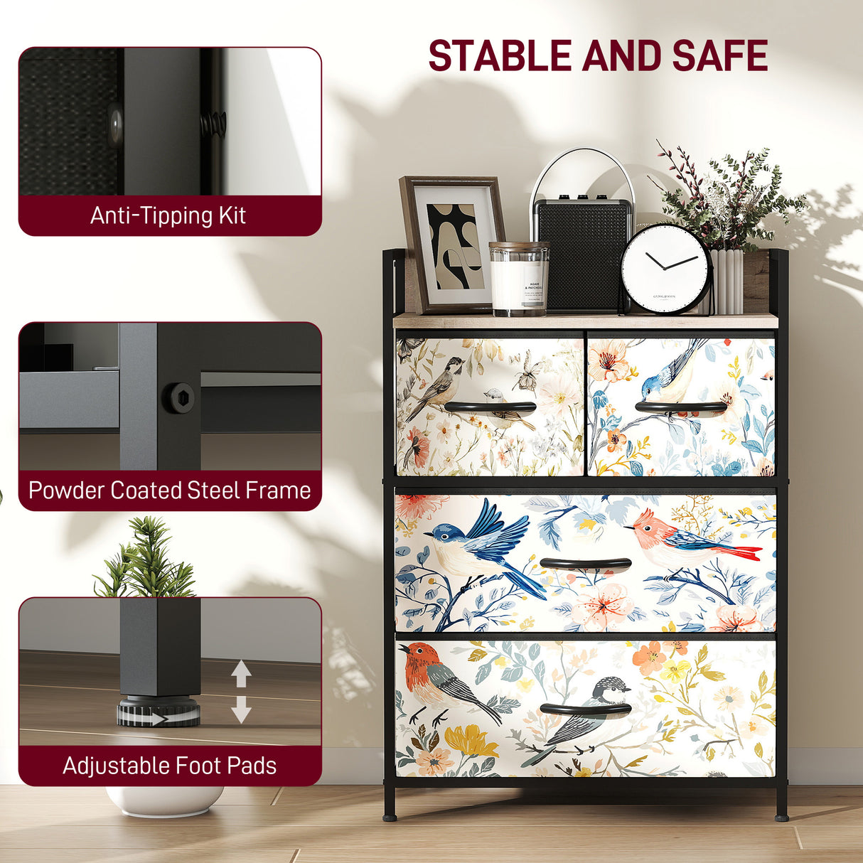Wooden Chest Of 4 Fabric Drawers 60cm Wide With Steel Frame - Velmora