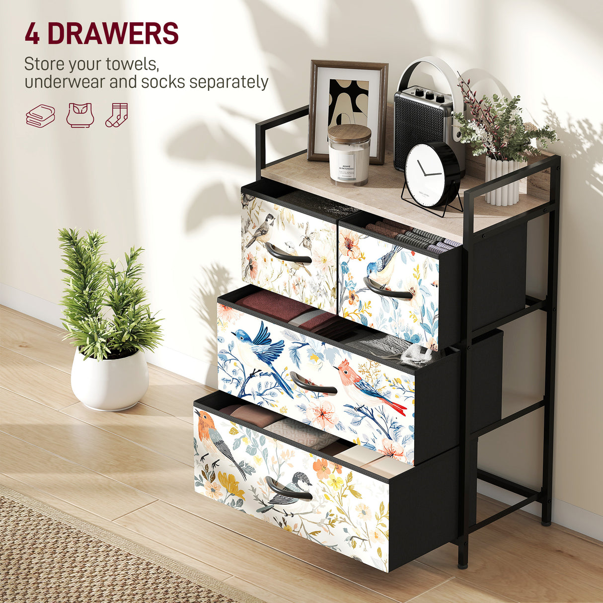 Wooden Chest Of 4 Fabric Drawers 60cm Wide With Steel Frame - Velmora