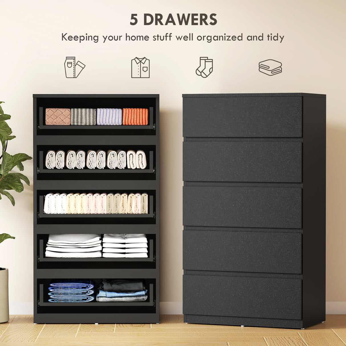 Wooden Chest Of 5 Drawers 100cm H x 55cm W x 34cm D - Velmora