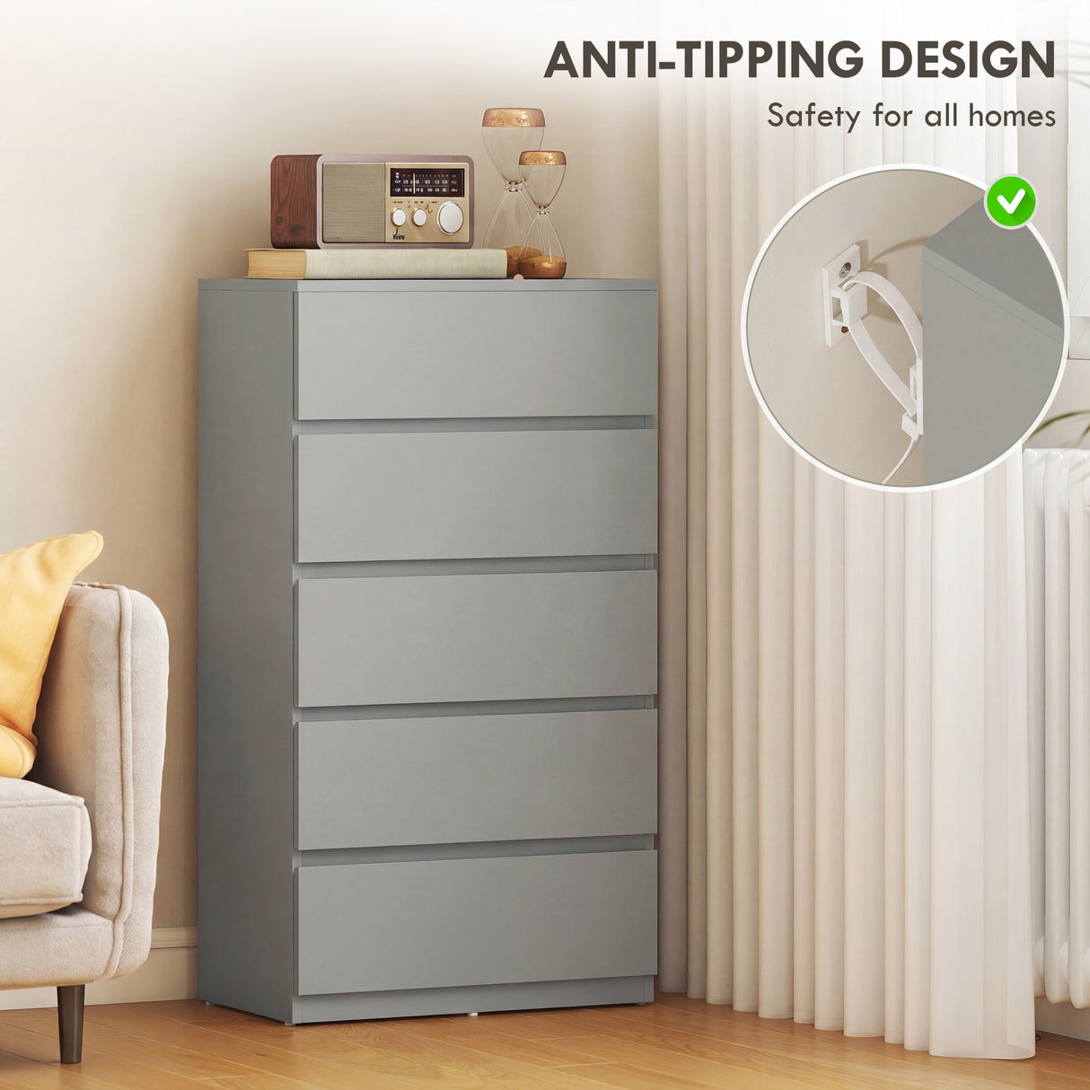 Wooden Chest Of 5 Drawers 100cm H x 55cm W x 34cm D - Velmora
