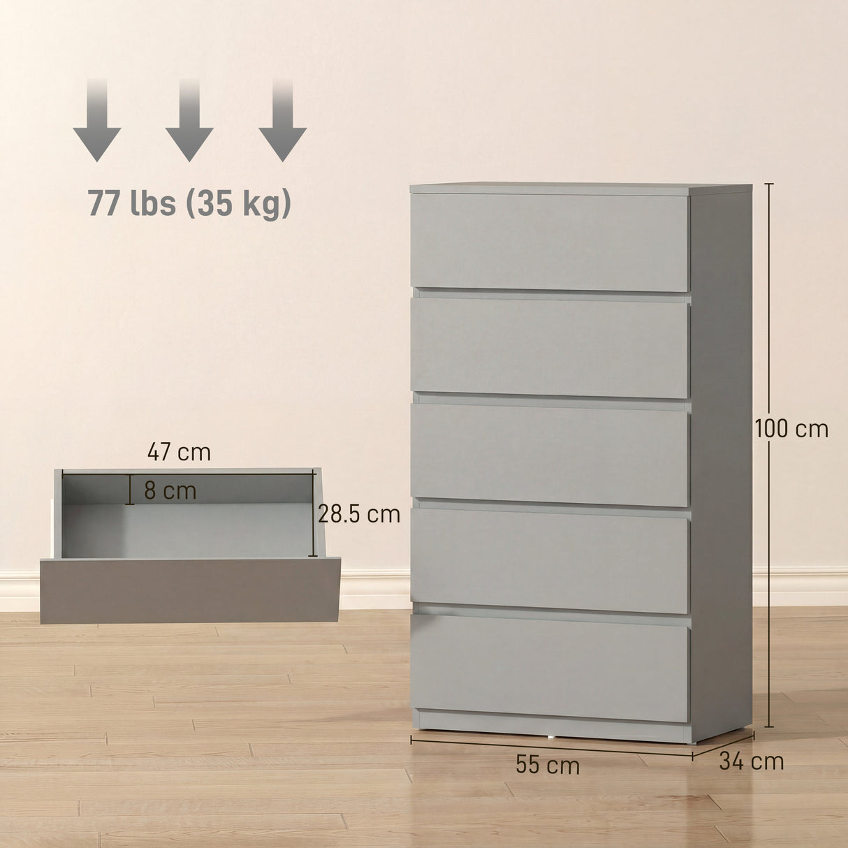 Wooden Chest Of 5 Drawers 100cm H x 55cm W x 34cm D - Velmora