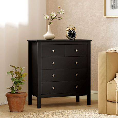 Wooden Chest Of 5 Drawers 79cm Wide With Round Metal Knobs - Velmora