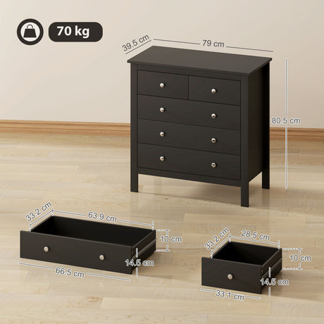 Wooden Chest Of 5 Drawers 79cm Wide With Round Metal Knobs - Velmora