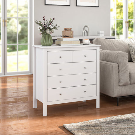 Wooden Chest Of 5 Drawers 79cm Wide With Round Metal Knobs - Velmora