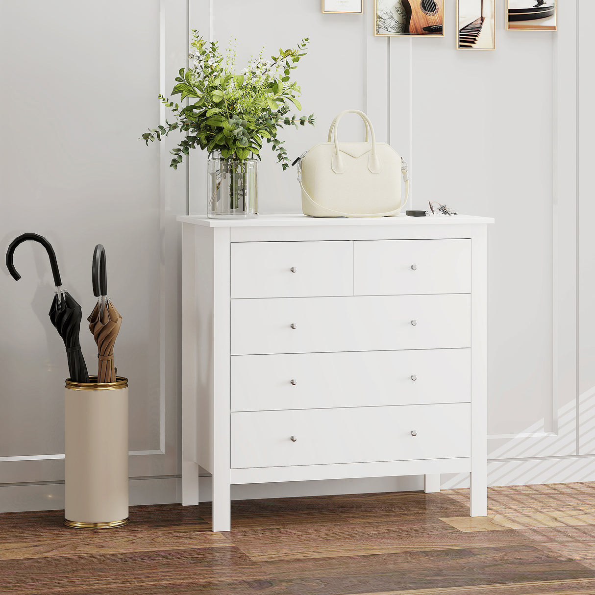 Wooden Chest Of 5 Drawers 79cm Wide With Round Metal Knobs - Velmora
