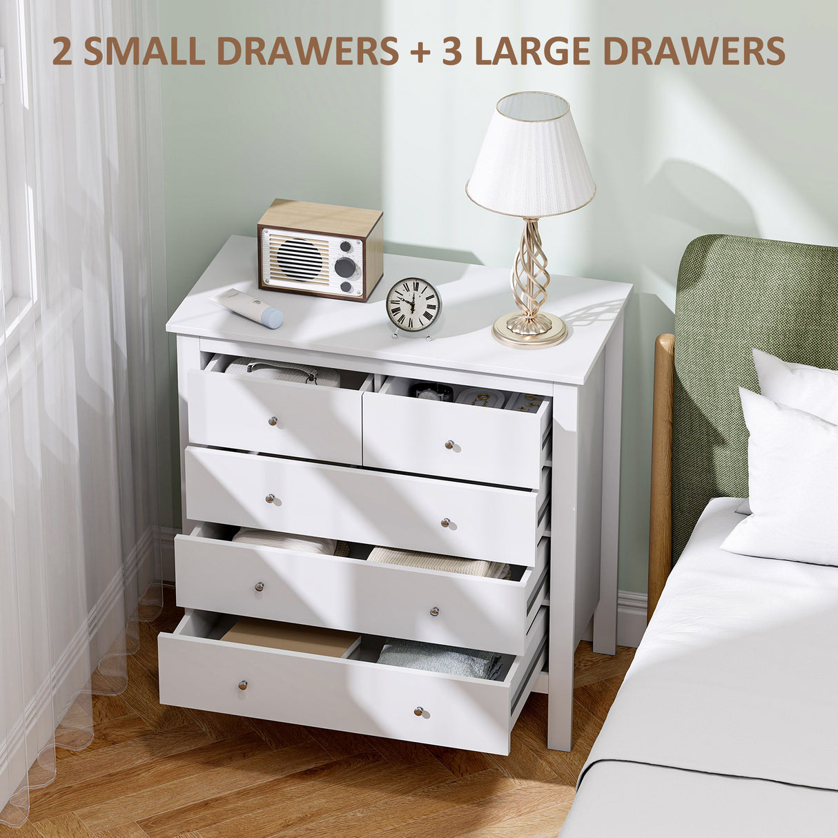 Wooden Chest Of 5 Drawers 79cm Wide With Round Metal Knobs - Velmora