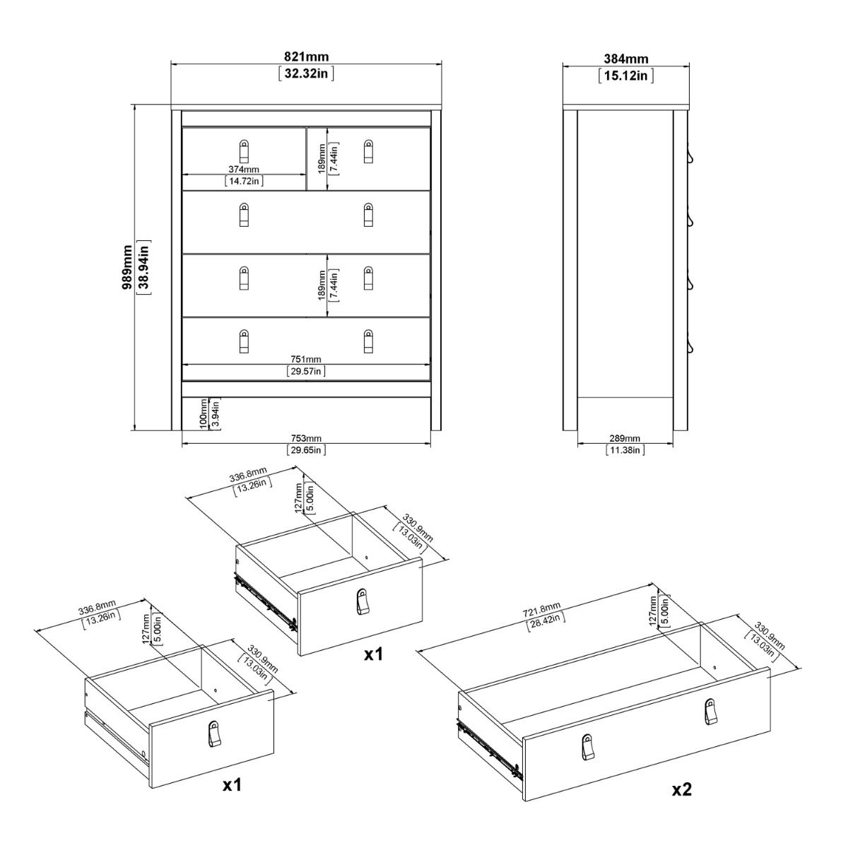 Wooden Chest Of 5 Drawers - Madrid