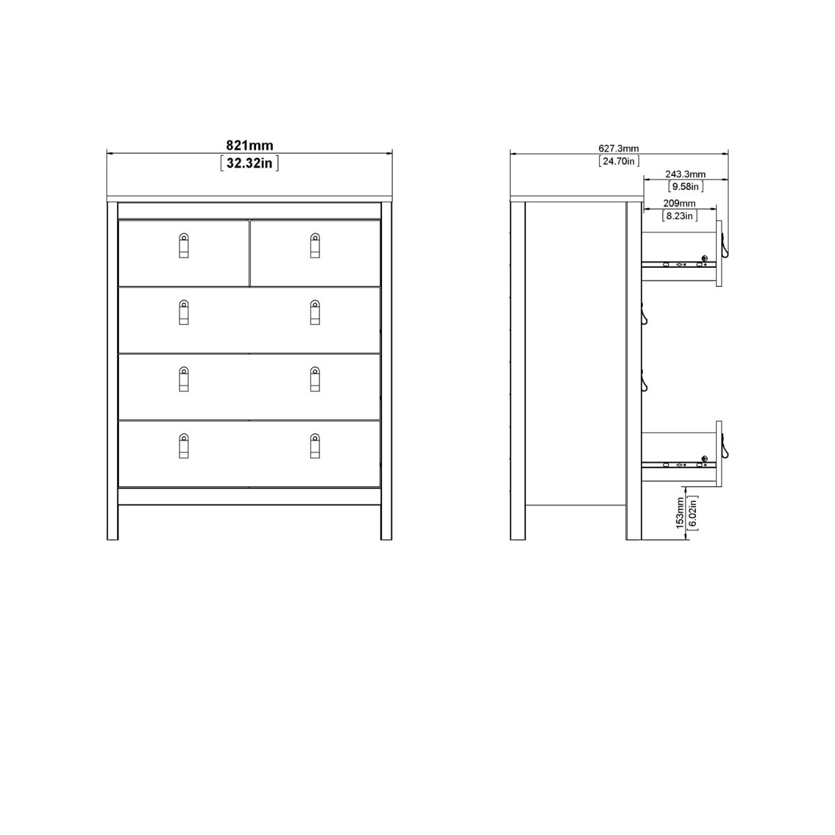 Wooden Chest Of 5 Drawers - Madrid