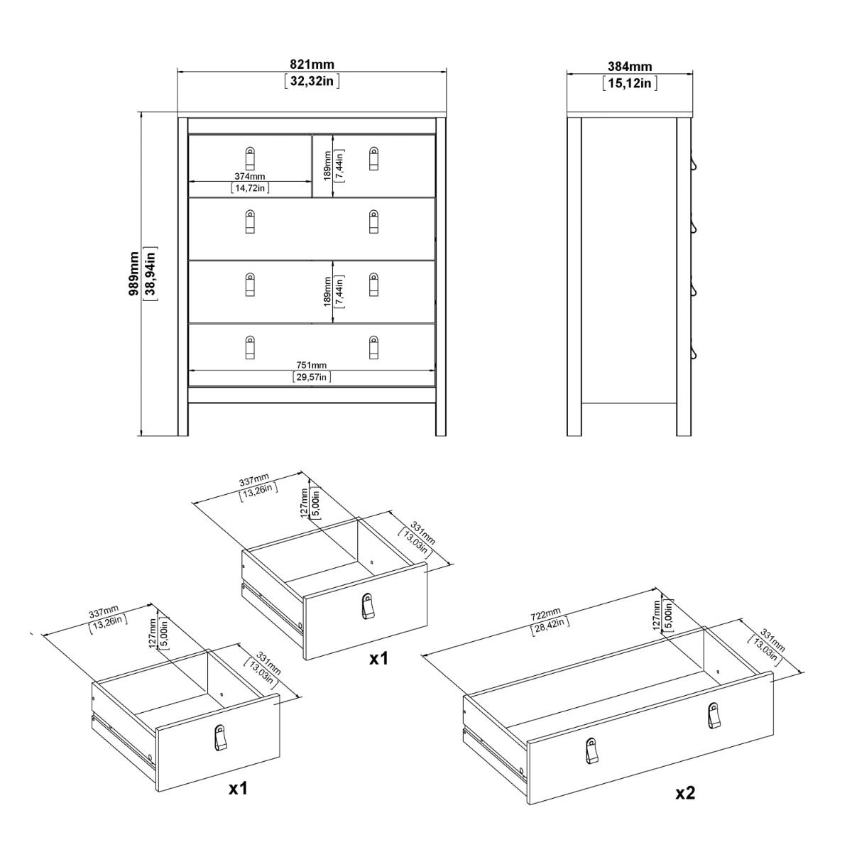Wooden Chest Of 5 Drawers - Madrid