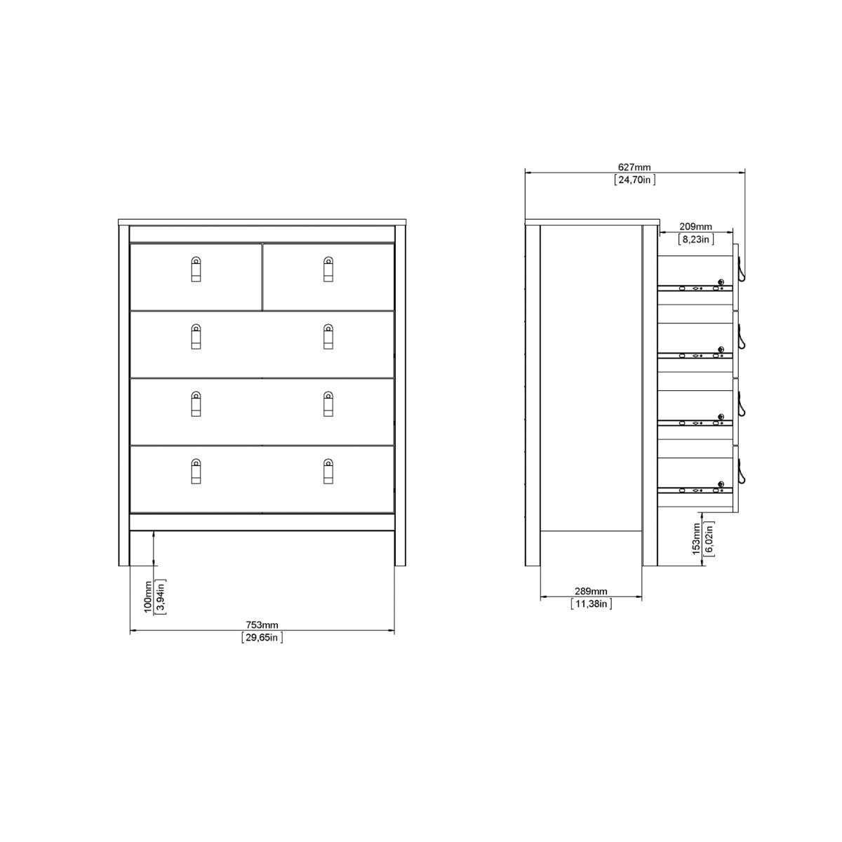 Wooden Chest Of 5 Drawers - Madrid