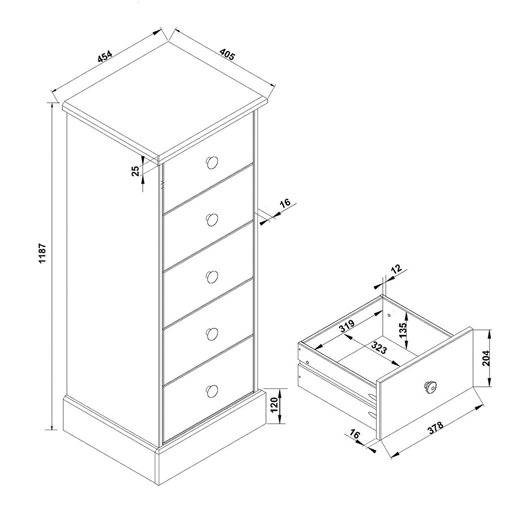 Wooden Chest Of 5 Drawers Narrow - Cotswold