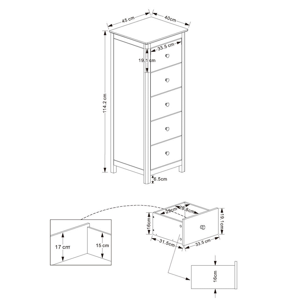 Wooden Chest Of 5 Drawers Narrow - Nairn
