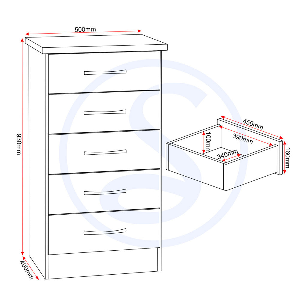 Wooden Chest Of 5 Drawers Narrow - Nevada