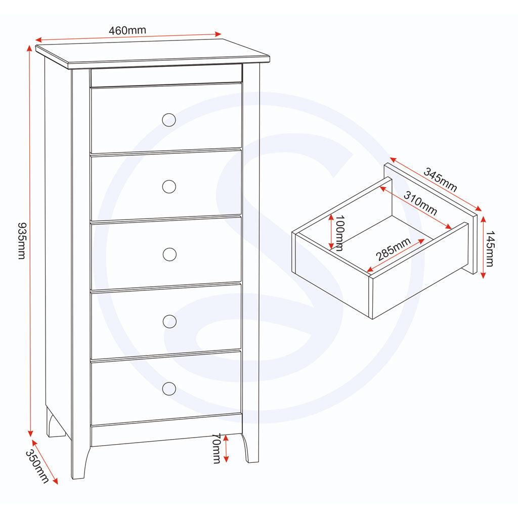 Wooden Chest Of 5 Drawers Narrow - Oslo
