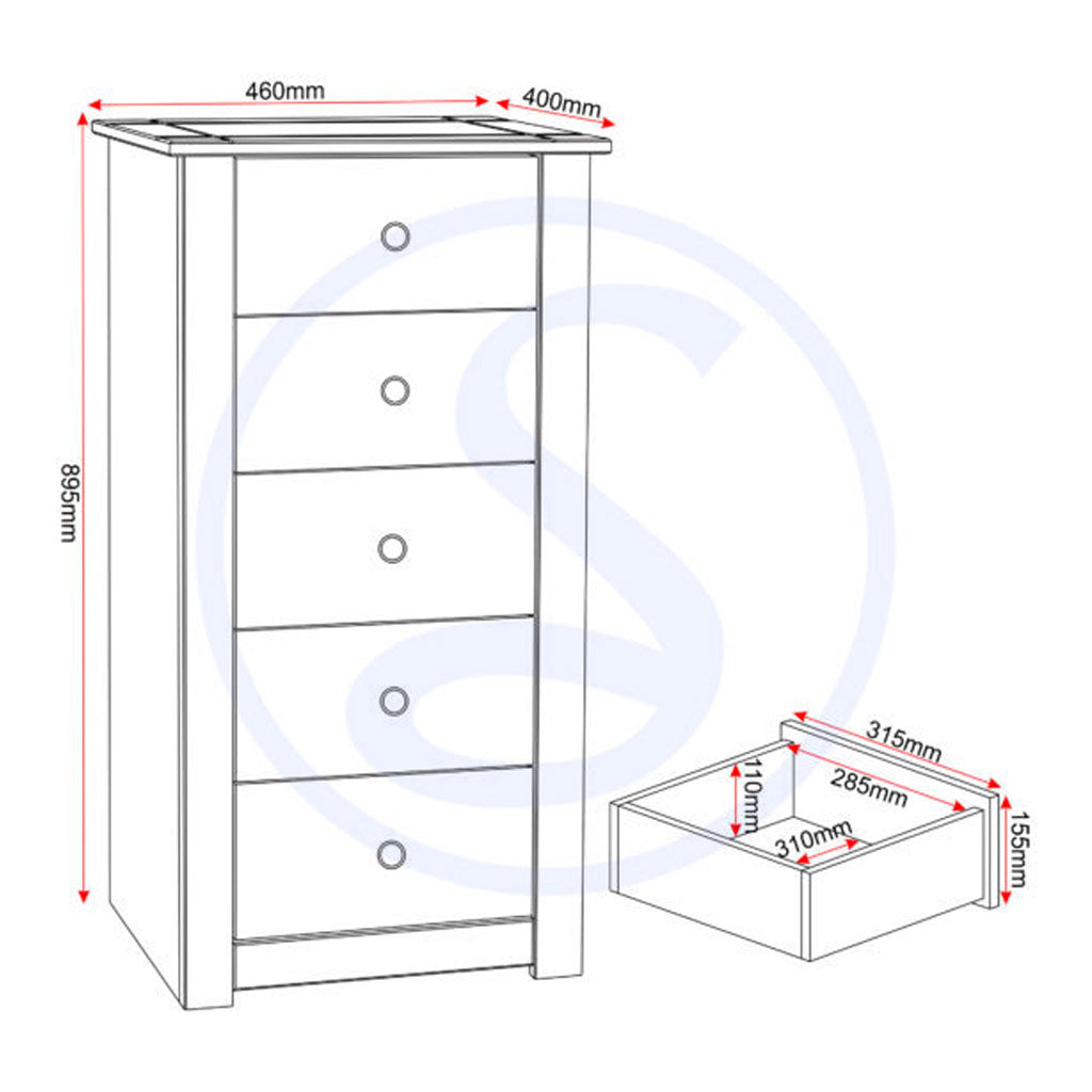 Wooden Chest Of 5 Drawers Narrow - Panama