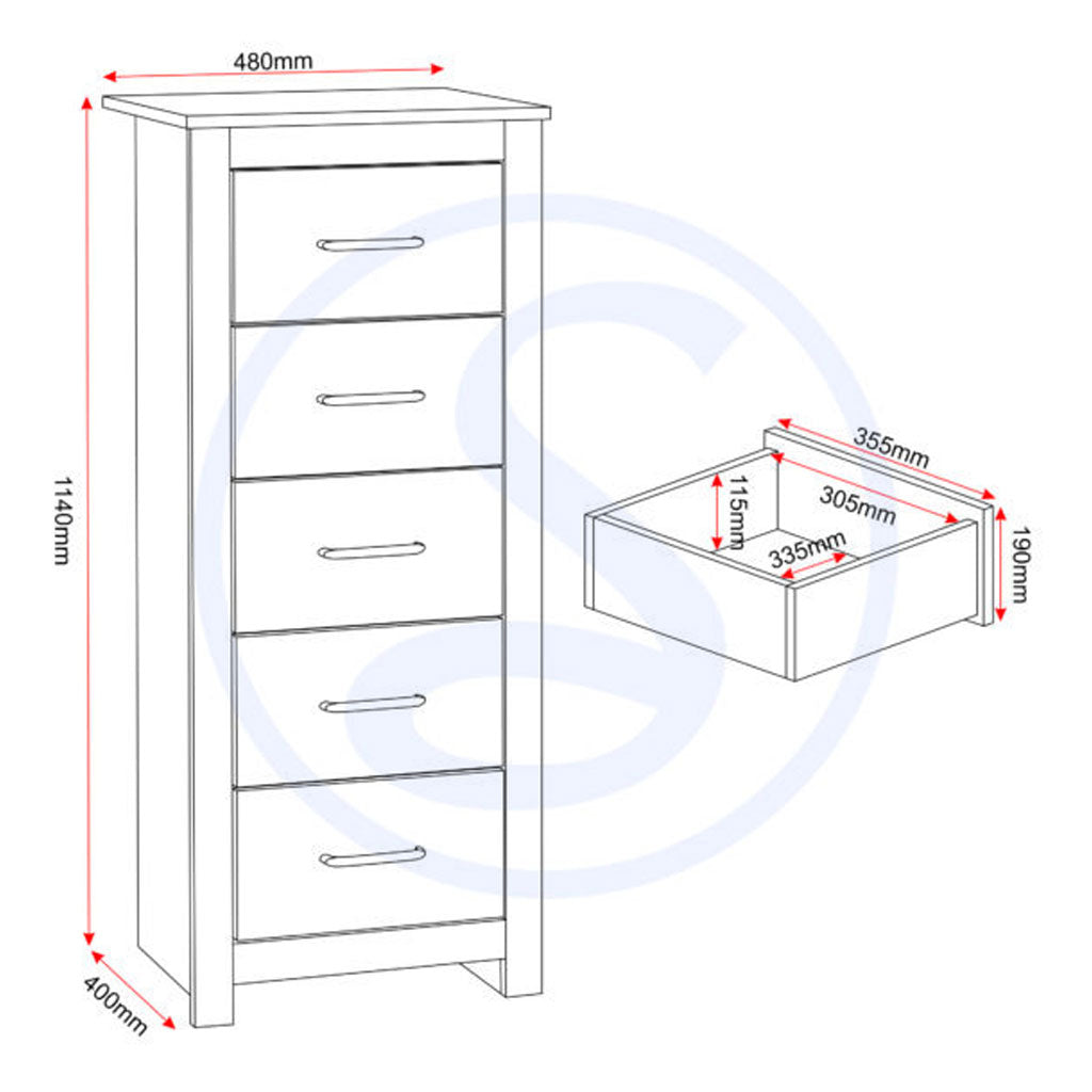 Wooden Chest Of 5 Drawers Narrow - Portland