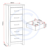 Wooden Chest Of 5 Drawers Narrow - Portland
