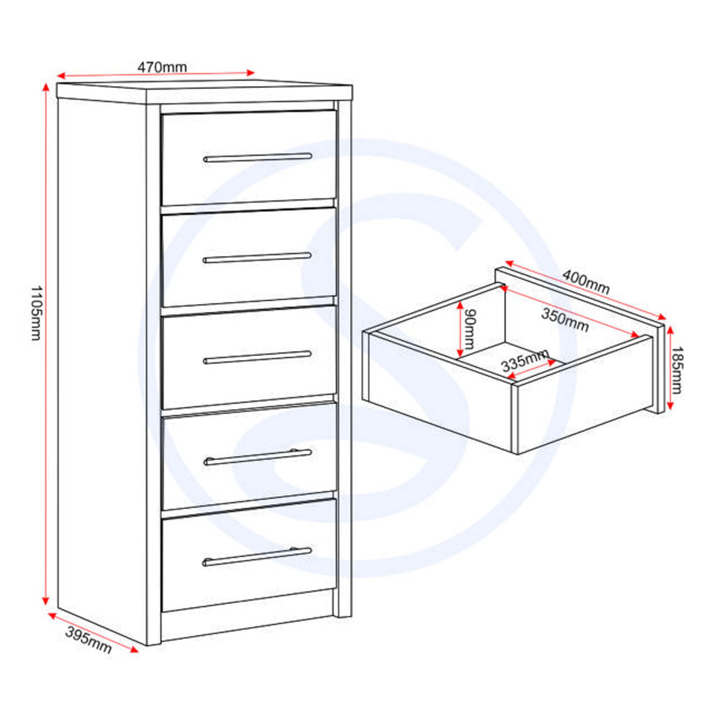 Wooden Chest Of 5 Drawers Narrow - Seville