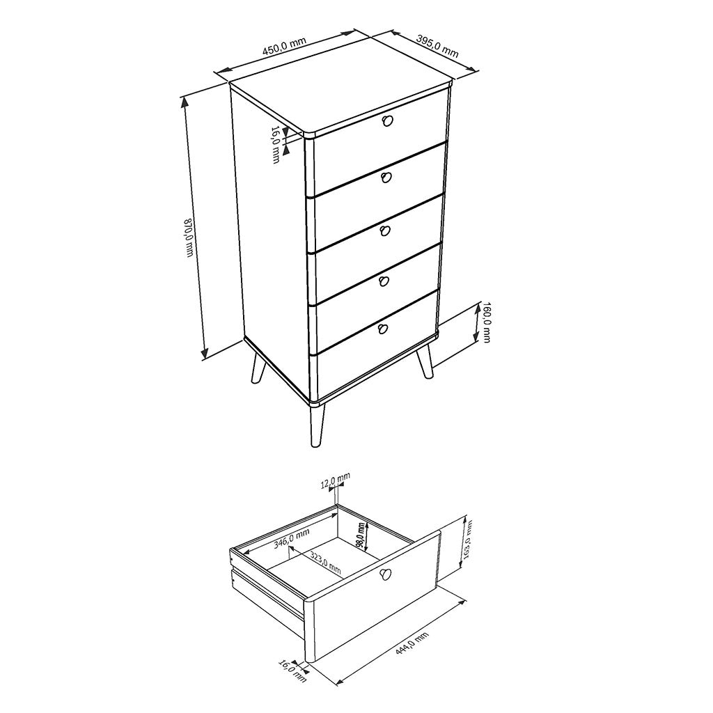 Wooden Chest Of 5 Drawers Narrow With Plastic Legs - Augusta