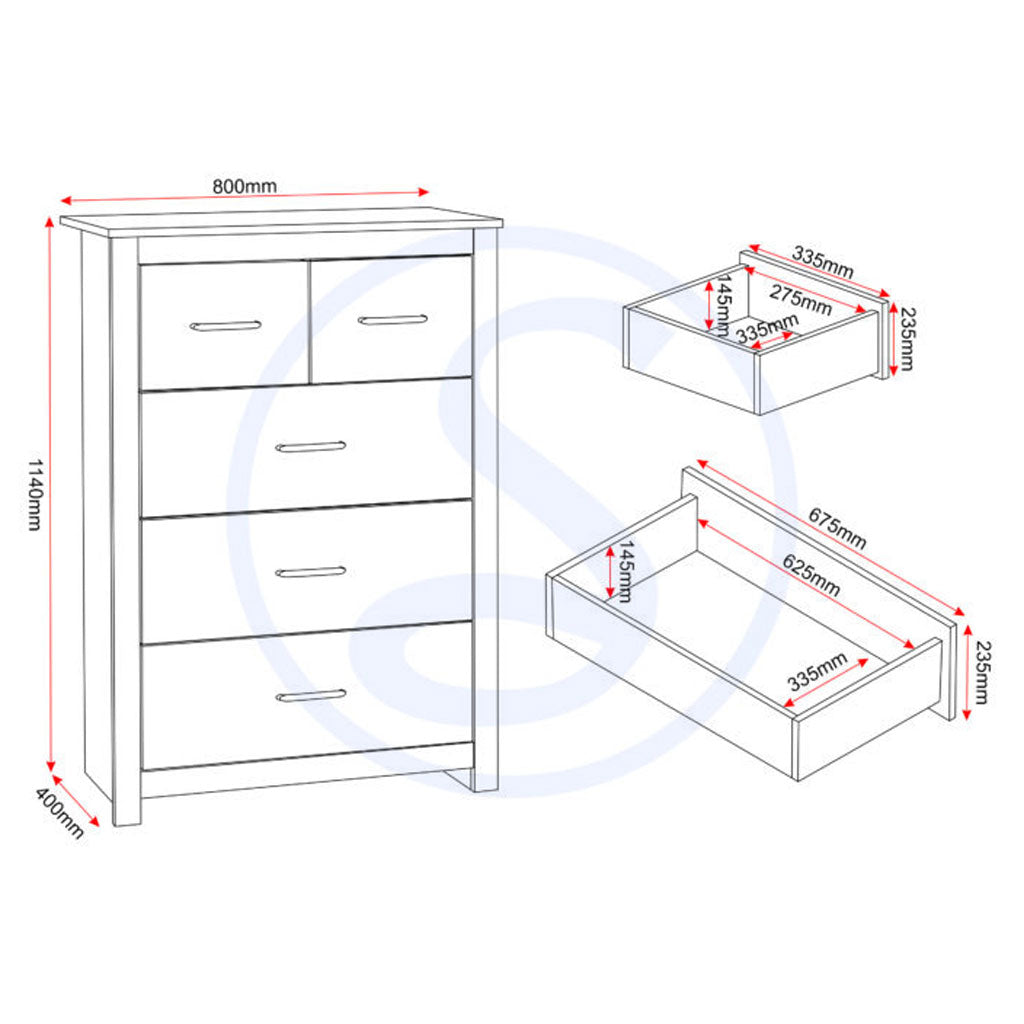 Wooden Chest Of 5 Drawers - Portland